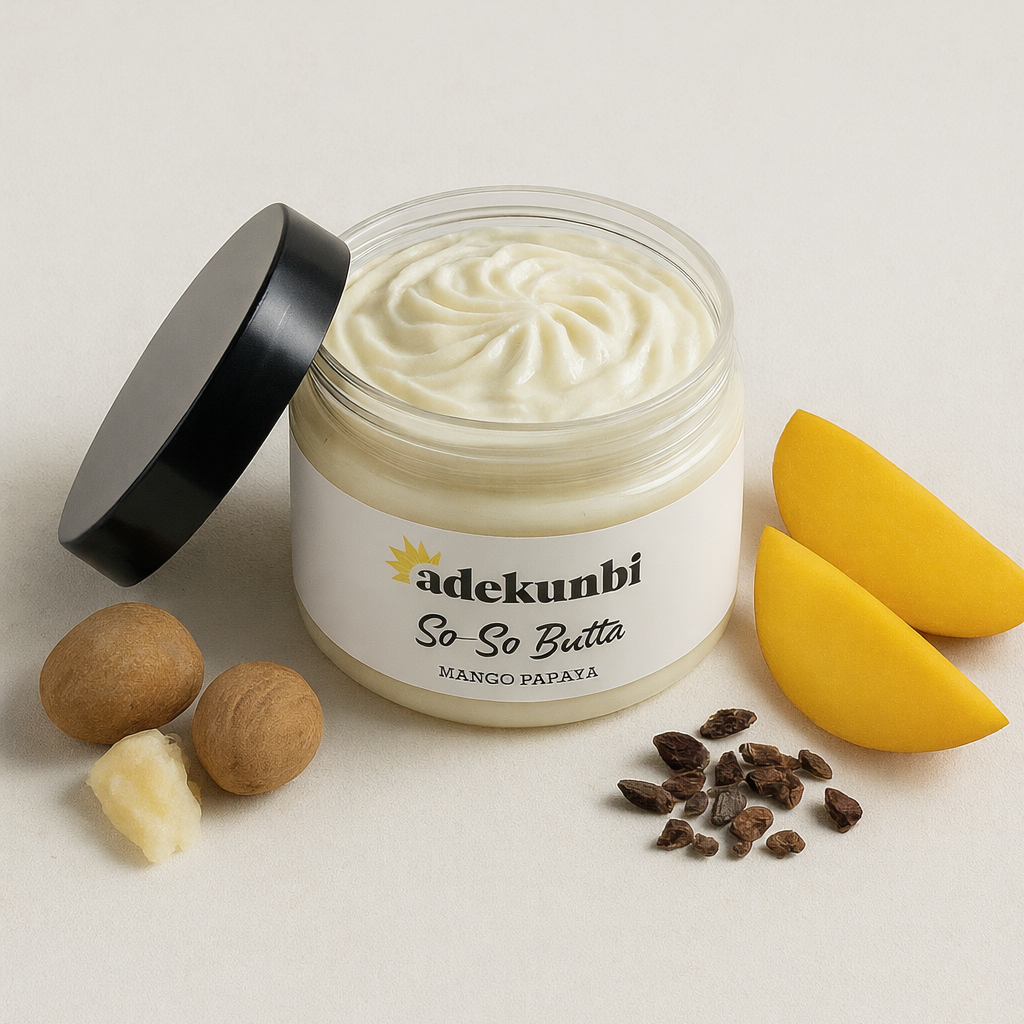 Jar of Adekunbi So So Butta with ingredients on a light background